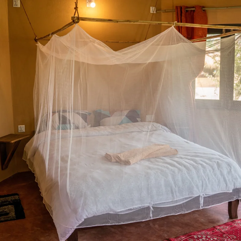 Canopy mosquito net hanging above the large bed