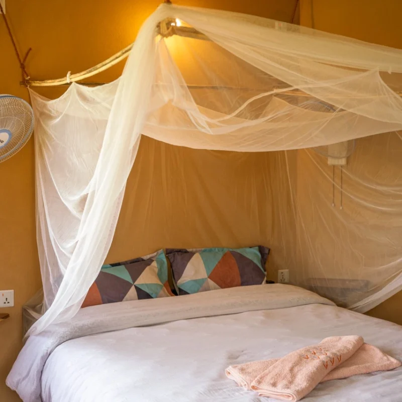 Double bed with mosquito net and fans